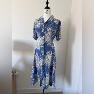 Vintage Blue Floral Silk Midi Dress Button Front Fit & Flare Cottagecore M